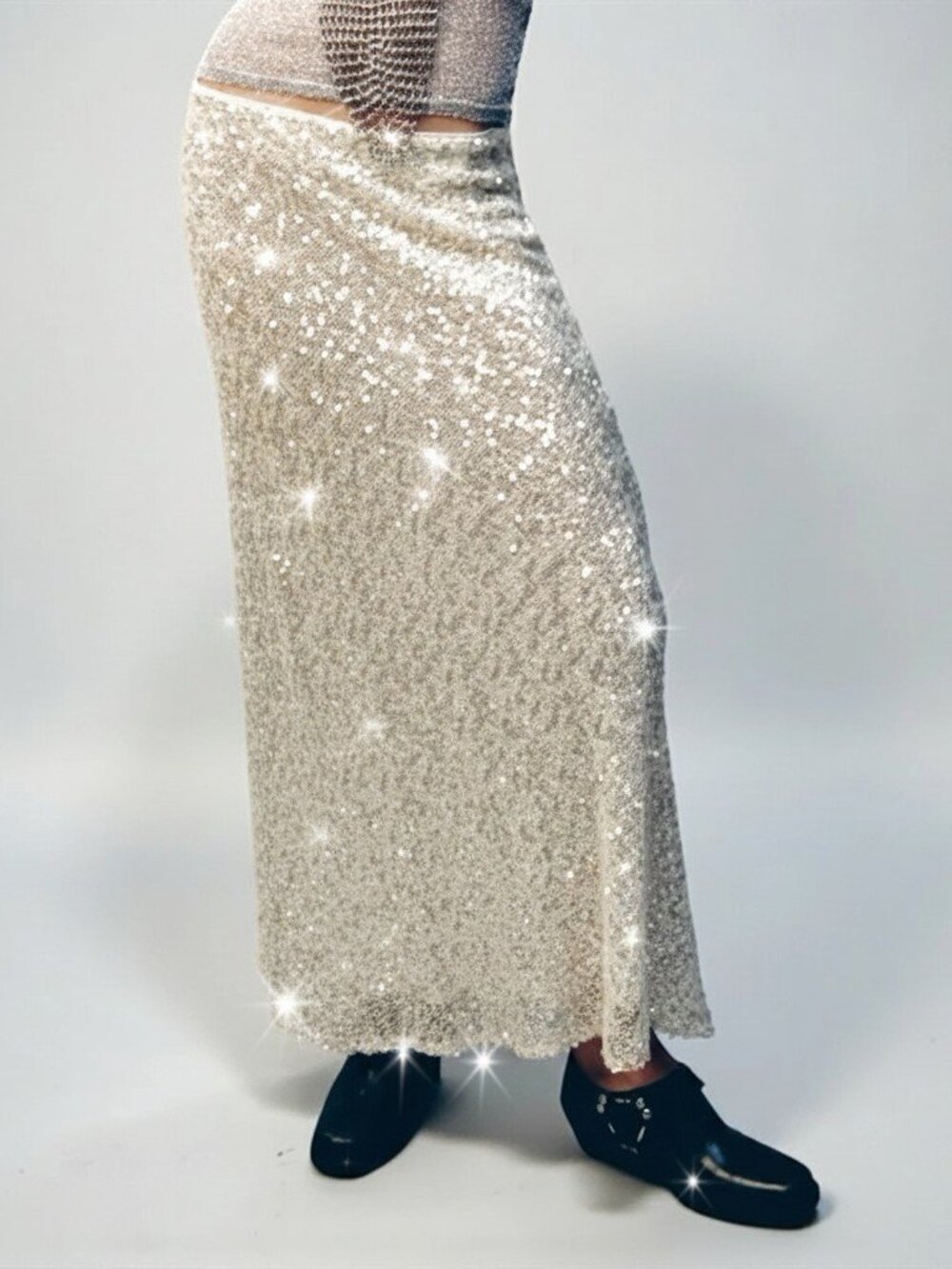 Zara Champagne Sequin Maxi Skirt | Cream Evening Skirt NWT Small